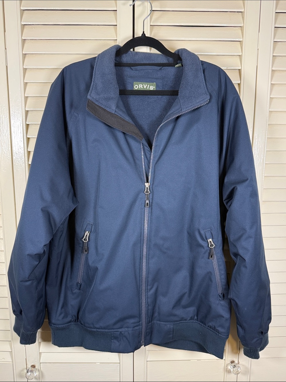 Orvis Mens Navy Blue Weatherbreaker Fleece Lined Bomber Jacket Size Medium